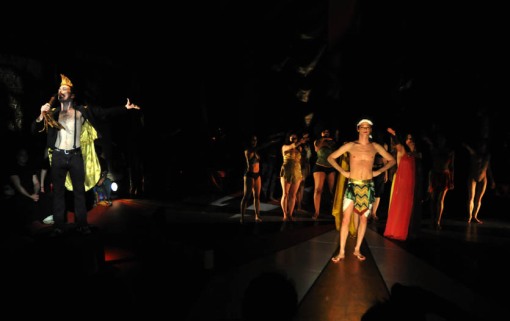 JerZ Short (Helicon), Ryan Knowles (Caligula) and the cast of Alfred Preisser and Randy Weiner's CALIGULA MAXIMUS at the Ellen Stewart Theatre in New York. Photo by J.B. Nicholas / Atlas Press